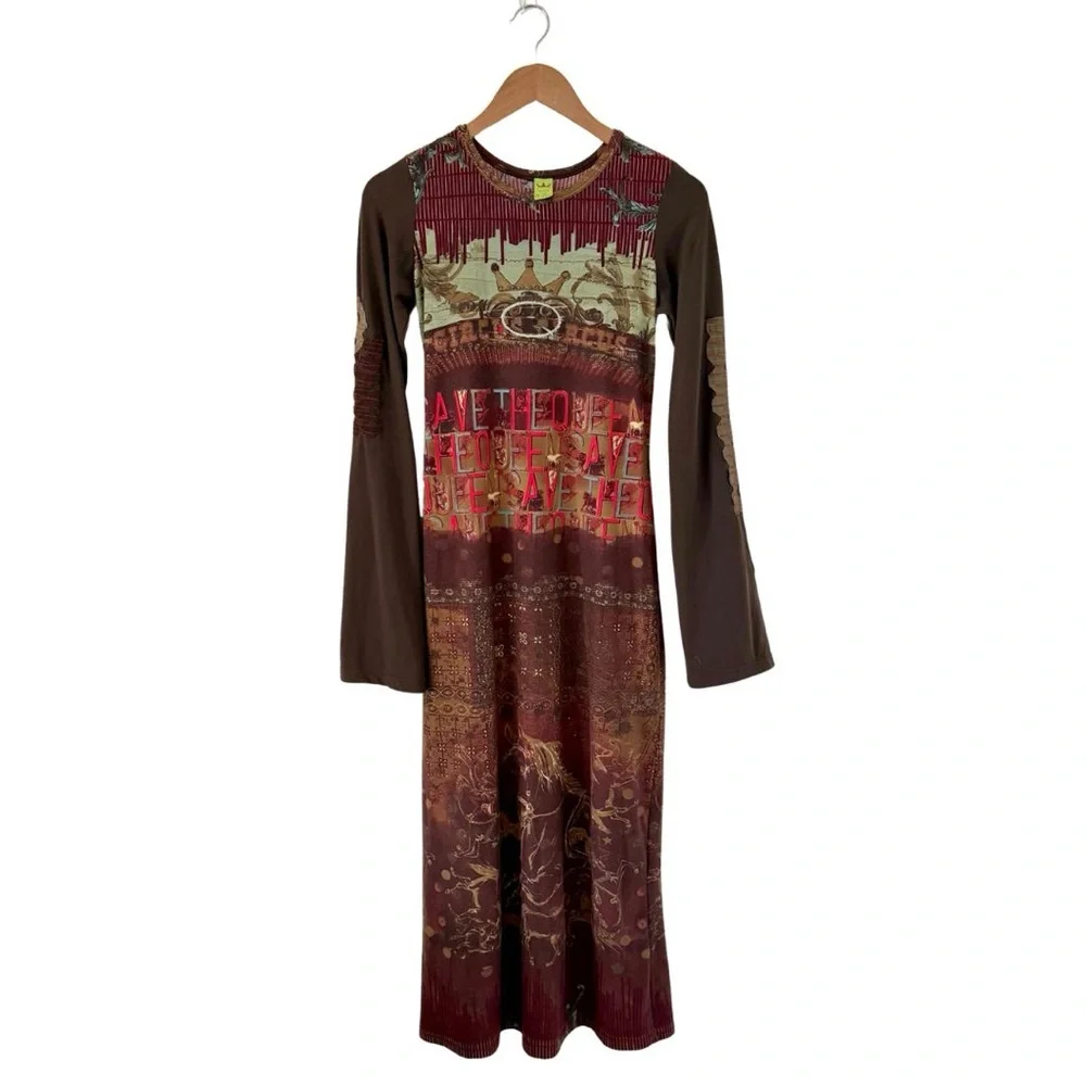 Bohemian Maroon Patchwork Long Sleeve Dress - Picture 2 of 10